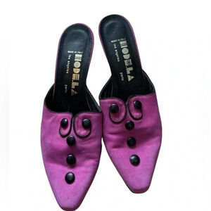 Vintage Lavorazione Artigiana Italian Pink Suede Mules Button Detail Size 7